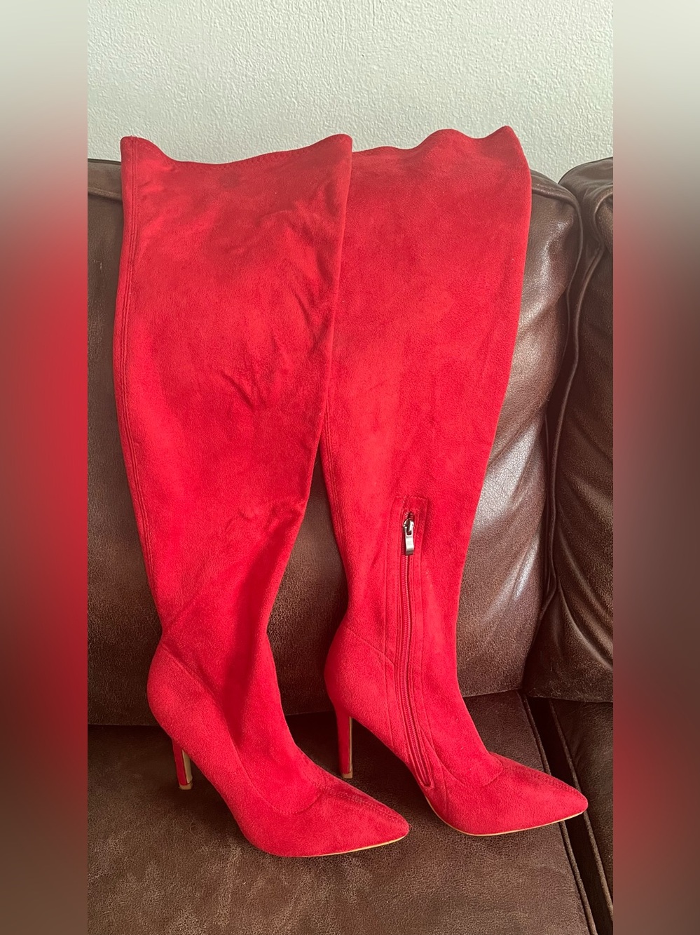 Red Suede Over-the-Knee Stiletto Boots - Women's 39 8 ?
